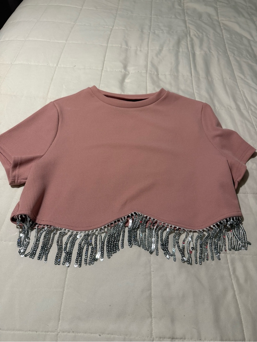 SHEIN Dusty Pink Cropped Fringe Tee